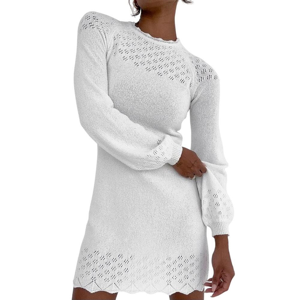 Rumored Preppy Coquette Balloon Sleeve Knit Mini Dress White Bridal Shower Small